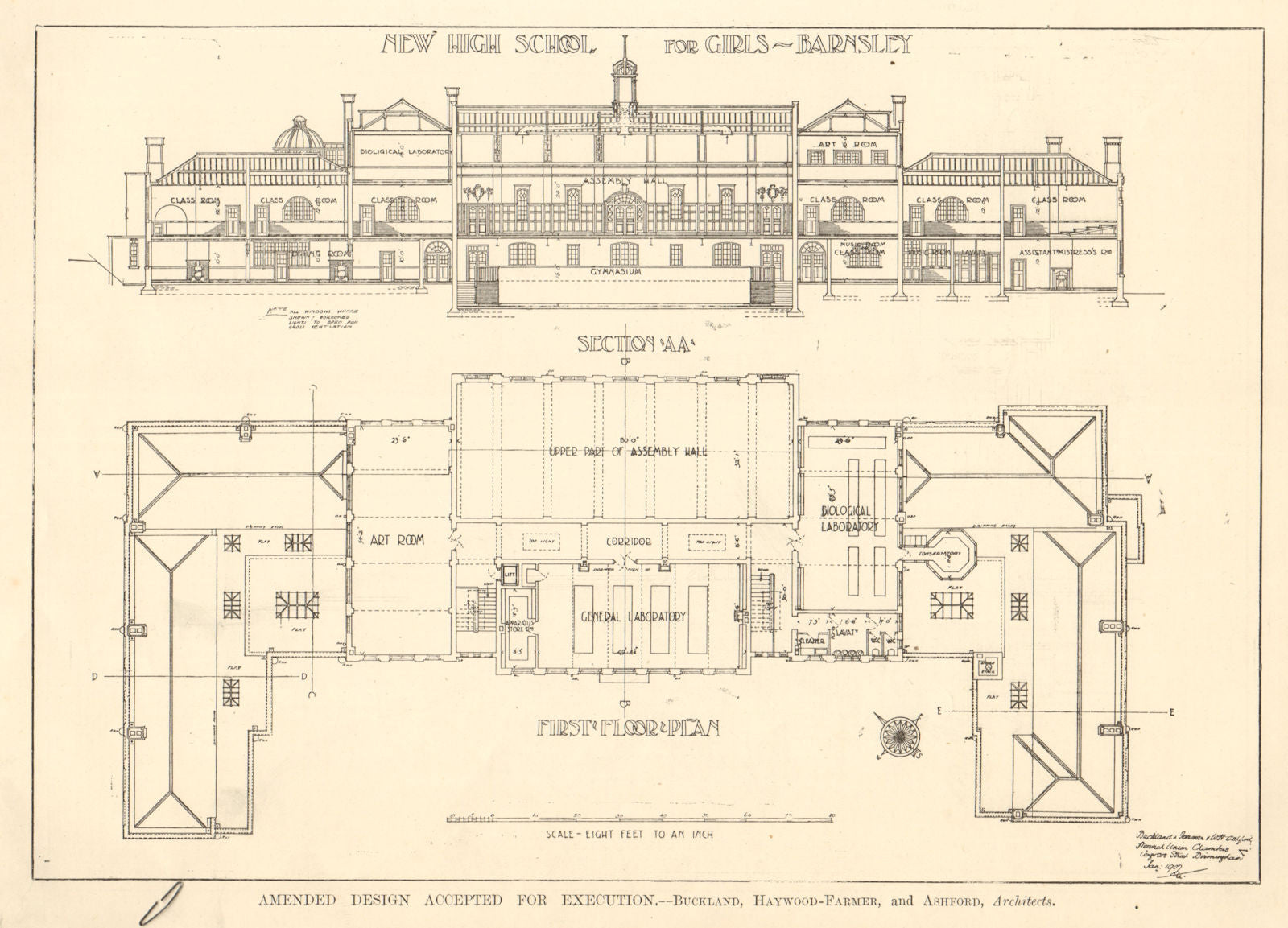 Girls High School, Barnsley. Buckland Haywood-Farmer & Ashford Section plan 1907